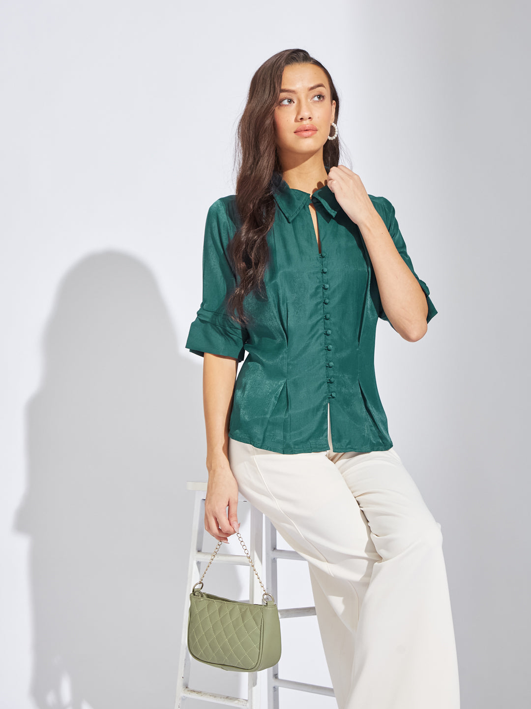 Latin Quarters Women Teal Collar Neck Half Sleeves Solid Blouse Top For Casual