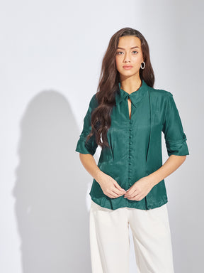 Latin Quarters Women Teal Collar Neck Half Sleeves Solid Blouse Top For Casual