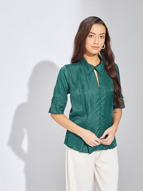 Latin Quarters Women Teal Collar Neck Half Sleeves Solid Blouse Top For Casual