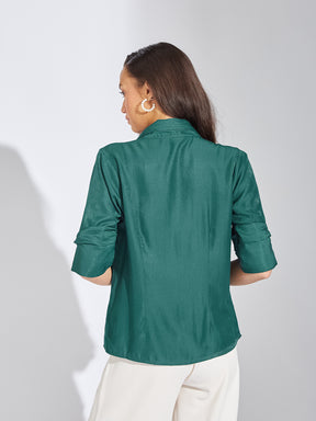 Latin Quarters Women Teal Collar Neck Half Sleeves Solid Blouse Top For Casual