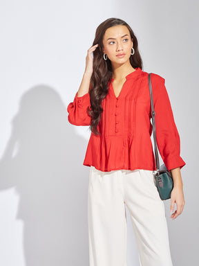Latin Quarters Women Red Mandarin Collar 3/4th Sleeves Solid Shirt Blouse For Casual