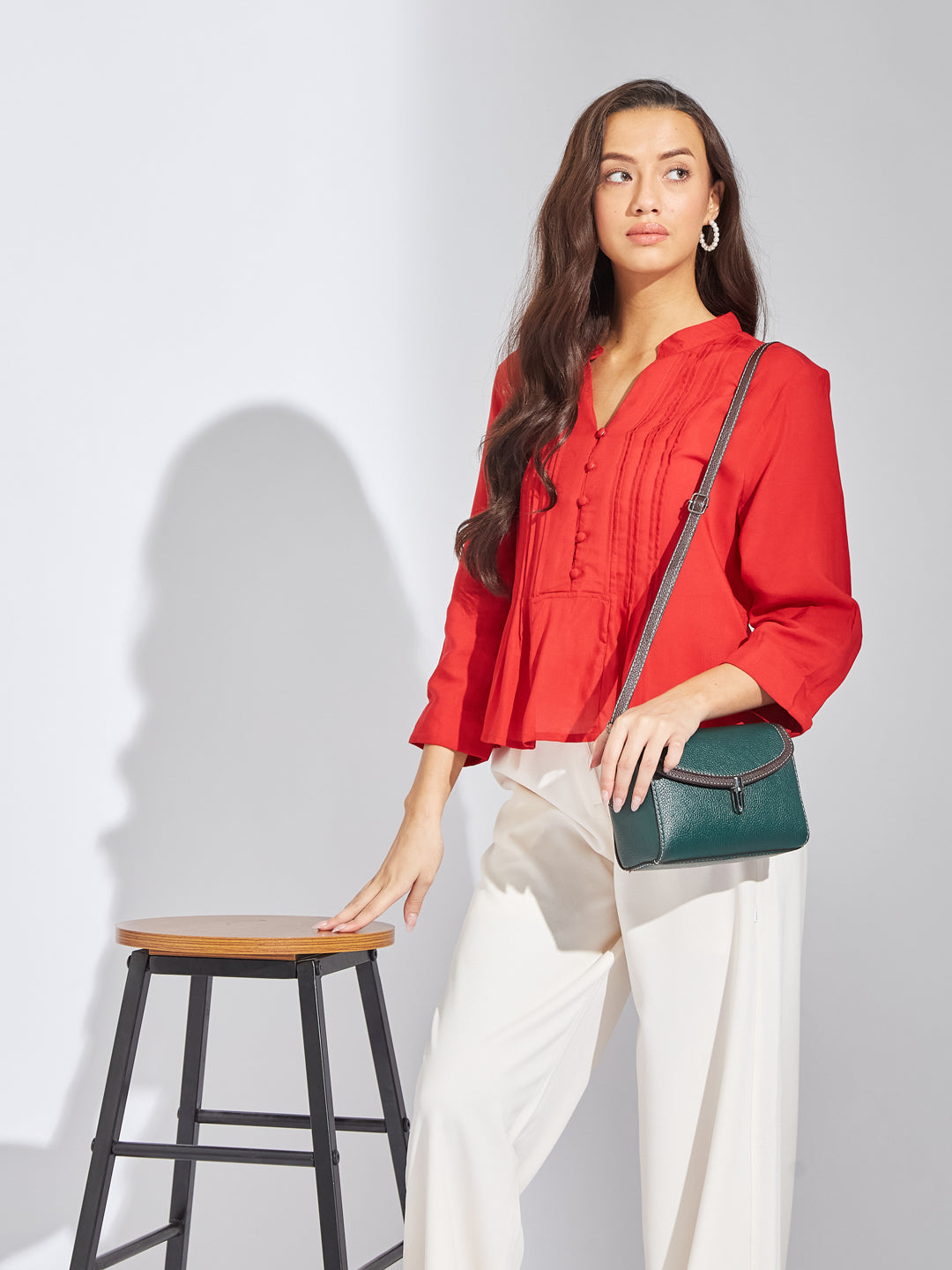 Latin Quarters Women Red Mandarin Collar 3/4th Sleeves Solid Shirt Blouse For Casual
