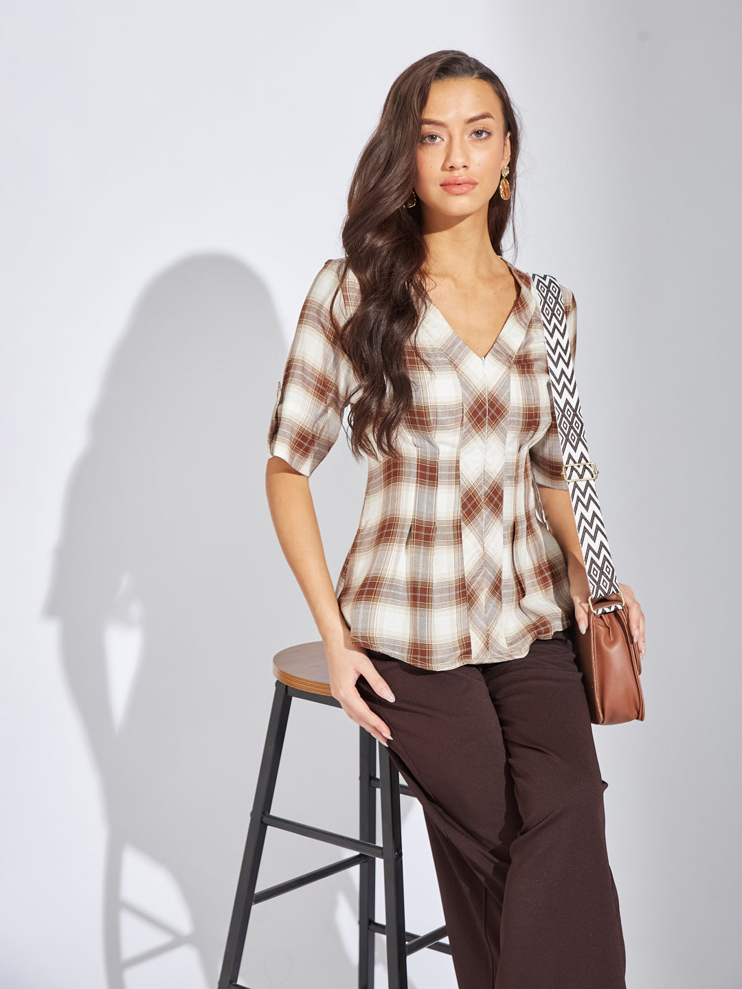 Latin Quarters Women Brown V-Neck Half Sleeves Check Blouse Top For Casual