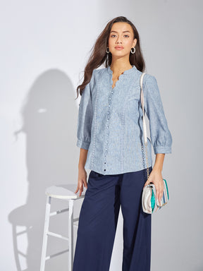 Latin Quarters Women Blue Mandarin Collar 3/4th Sleeves Solid Shirt Blouse For Casual