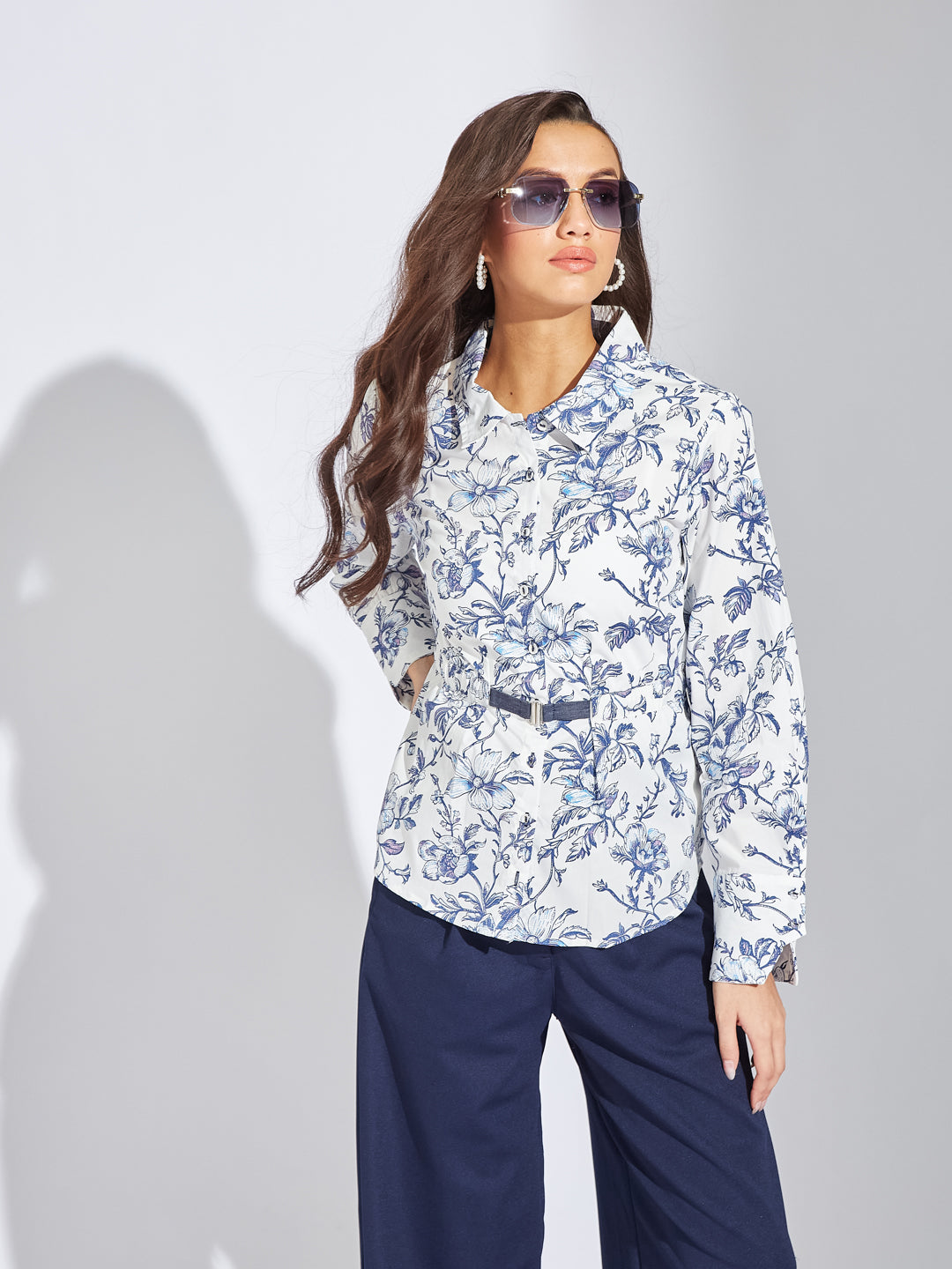 Latin Quarters Women Blue Collar Neck Full Sleeves Printed Shirt Blouse For Casual