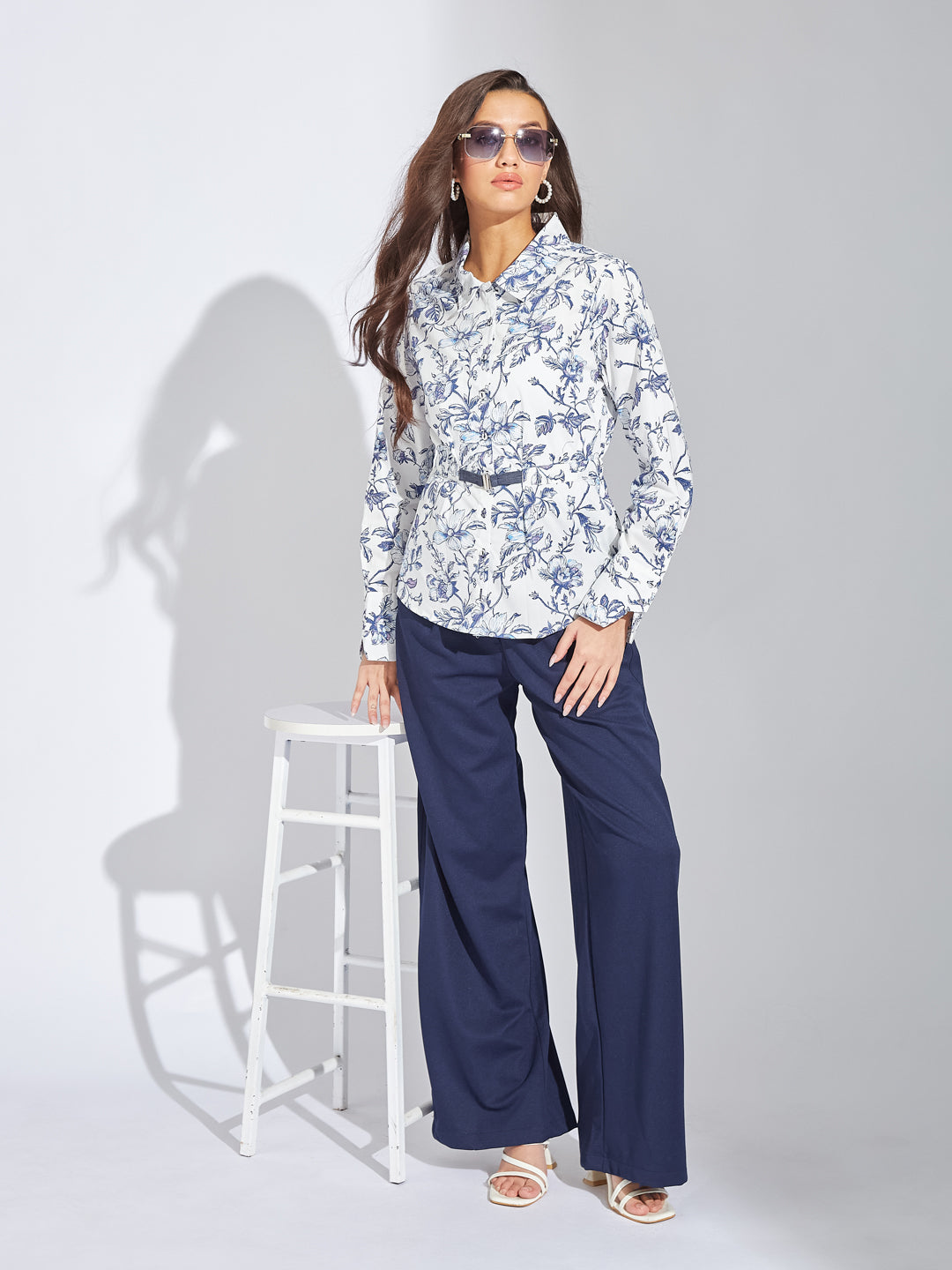 Latin Quarters Women Blue Collar Neck Full Sleeves Printed Shirt Blouse For Casual