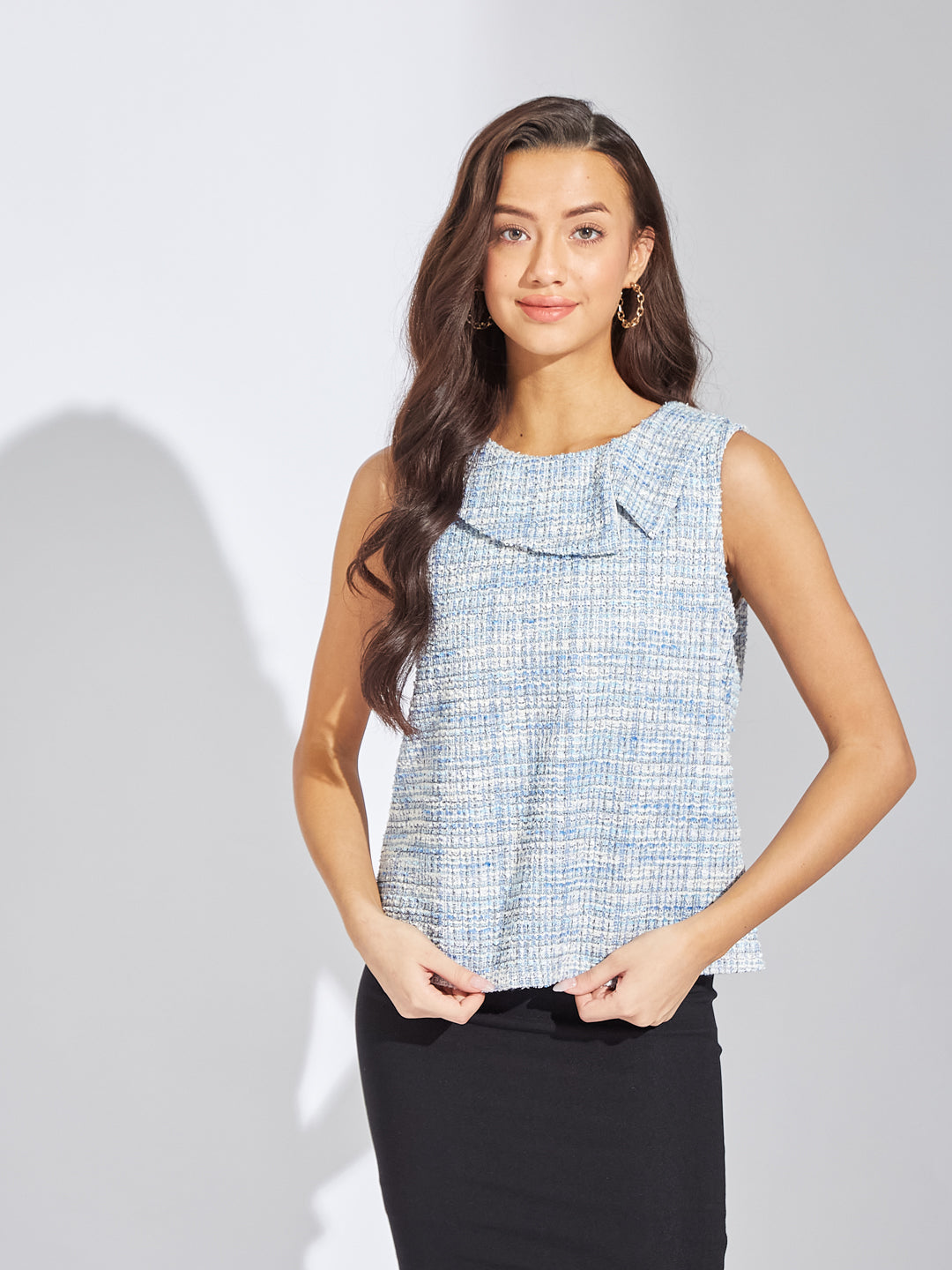 Latin Quarters Women Blue Round Neck Sleeveless Solid Blouse Top For Casual