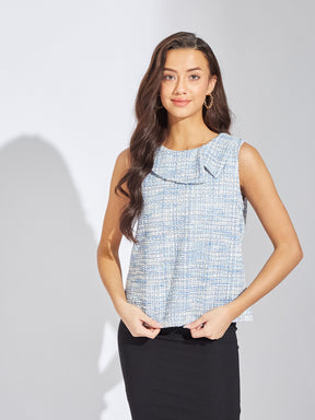 Latin Quarters Women Blue Round Neck Sleeveless Solid Blouse Top For Casual