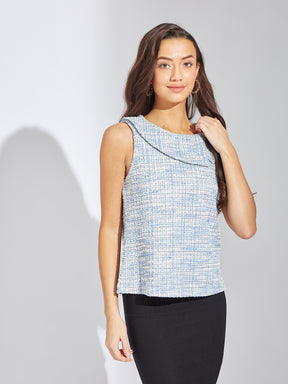 Latin Quarters Women Blue Round Neck Sleeveless Solid Blouse Top For Casual