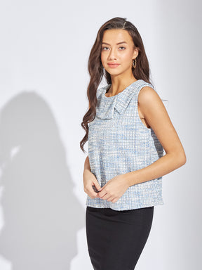 Latin Quarters Women Blue Round Neck Sleeveless Solid Blouse Top For Casual