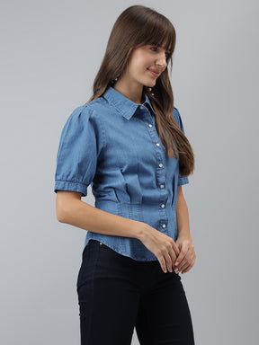 Latin Quarters Women Blue Half Sleeve Collared Casual Solid Shirt