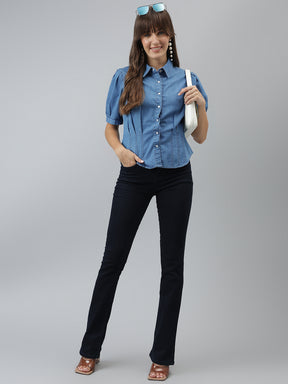 Latin Quarters Women Blue Half Sleeve Collared Casual Solid Shirt
