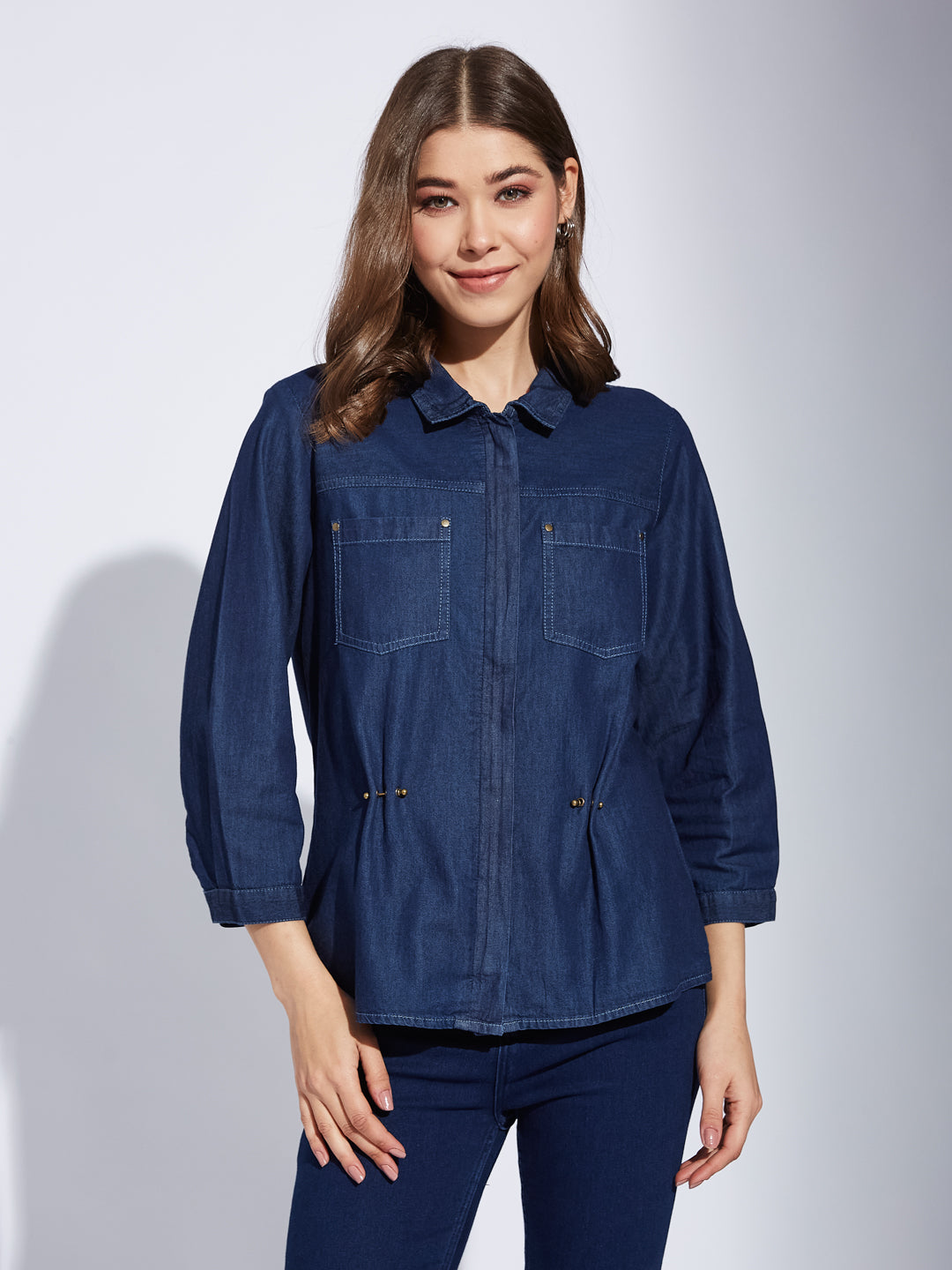 Latin Quarters Women Blue Solid Collared 3/4th Sleeve Casual Regular Shirt