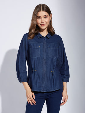 Latin Quarters Women Blue Solid Collared 3/4th Sleeve Casual Regular Shirt
