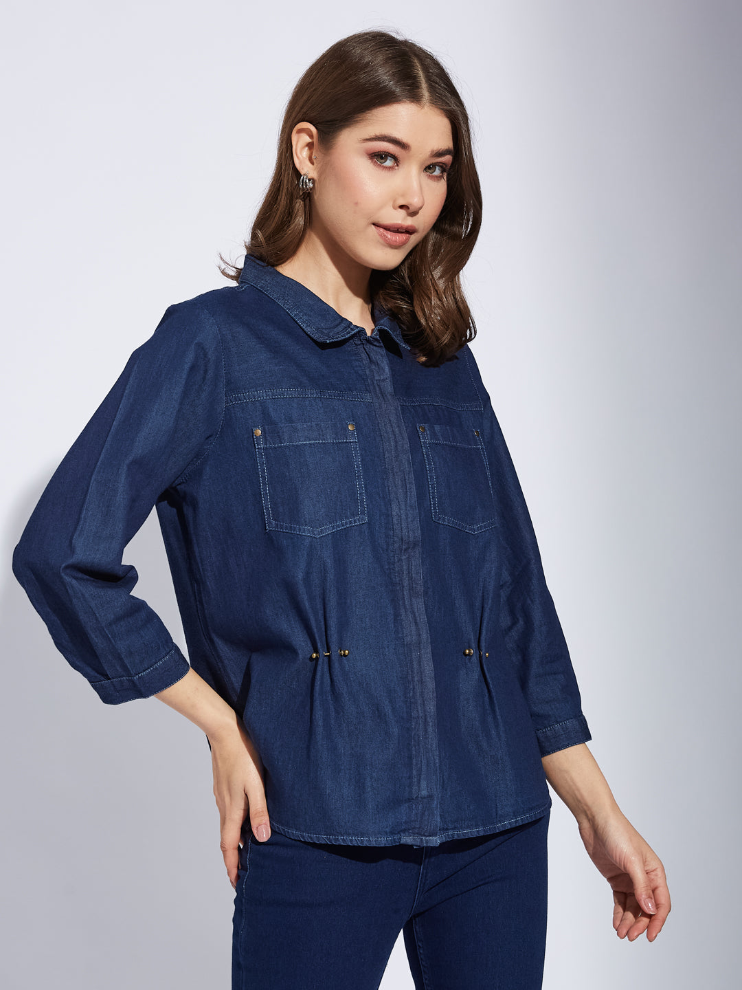 Latin Quarters Women Blue Solid Collared 3/4th Sleeve Casual Regular Shirt