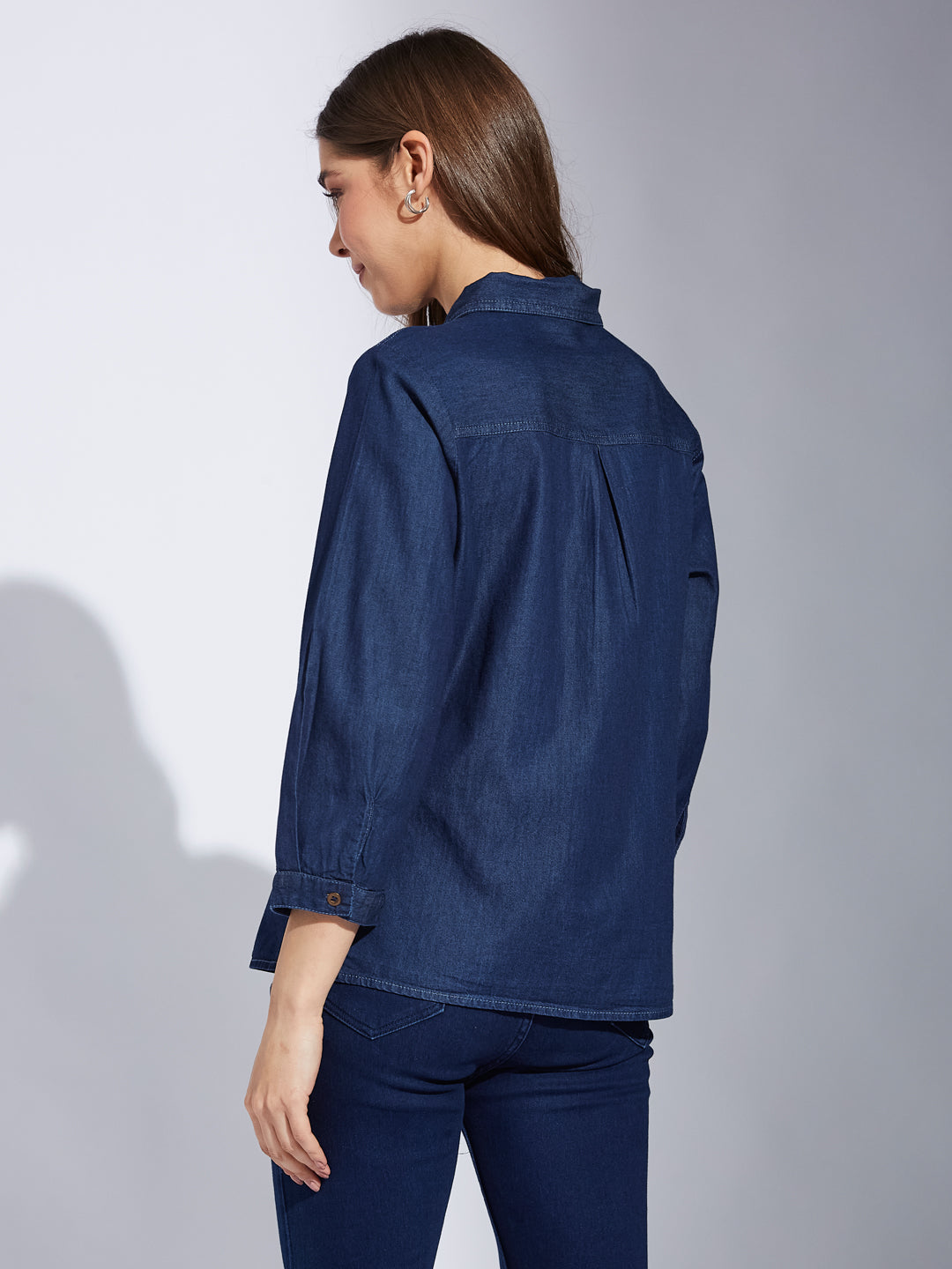 Latin Quarters Women Blue Solid Collared 3/4th Sleeve Casual Regular Shirt