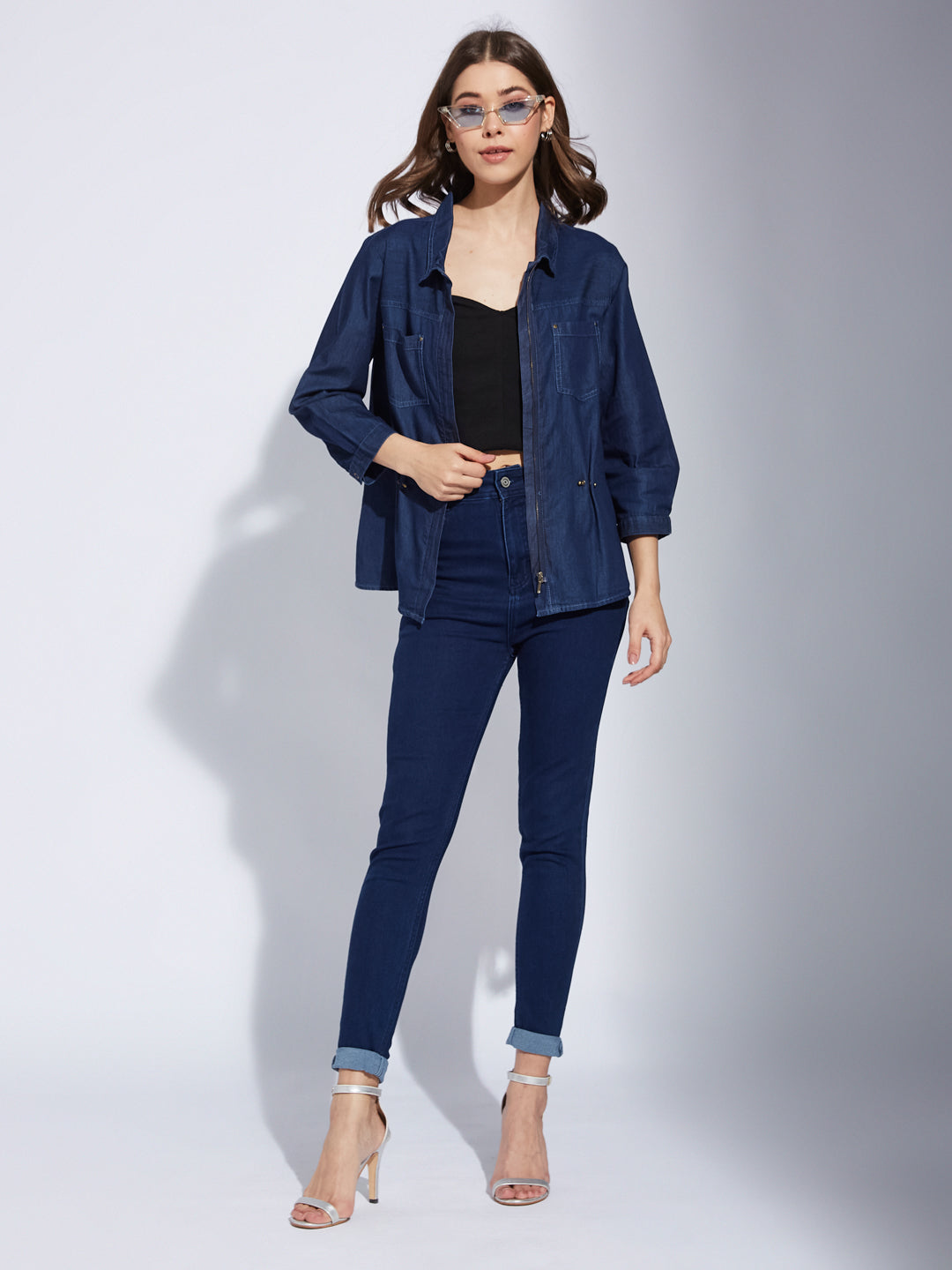 Latin Quarters Women Blue Solid Collared 3/4th Sleeve Casual Regular Shirt