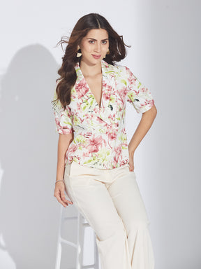 Latin Quarters Women's Green Floral Print Lapel Collar Wrap-Front Top