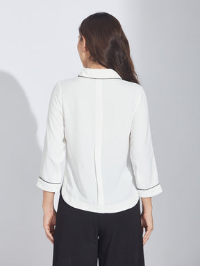 Latin Quarters Women's White Cherry Shirt with Black & White Tape Detail