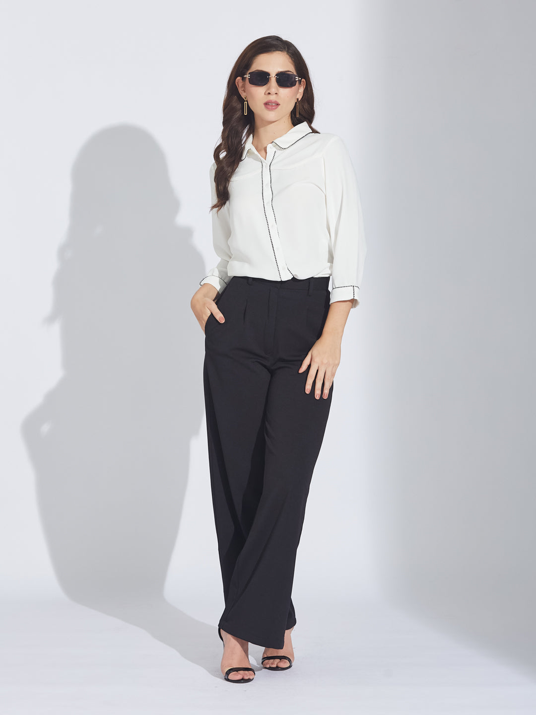 Latin Quarters Women's White Cherry Shirt with Black & White Tape Detail