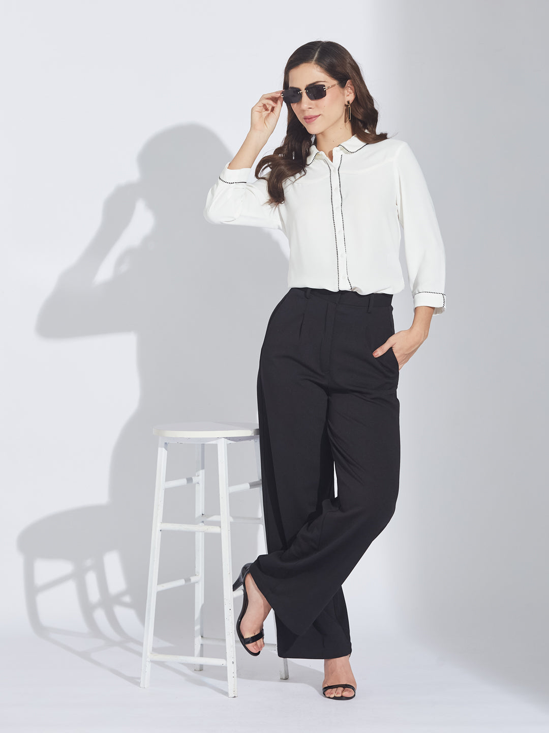 Latin Quarters Women's White Cherry Shirt with Black & White Tape Detail