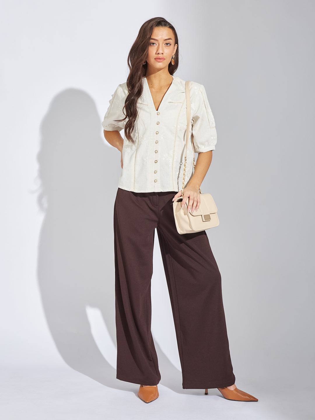 Latin Quarters Women Ivory V-Neck Half Sleeves Embroidery Blouse Top For Casual