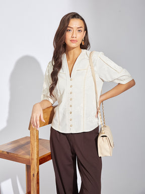 Latin Quarters Women Ivory V-Neck Half Sleeves Embroidery Blouse Top For Casual