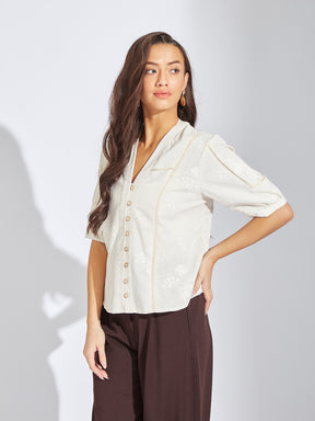 Latin Quarters Women Ivory V-Neck Half Sleeves Embroidery Blouse Top For Casual