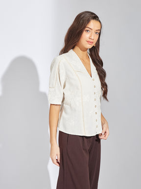 Latin Quarters Women Ivory V-Neck Half Sleeves Embroidery Blouse Top For Casual