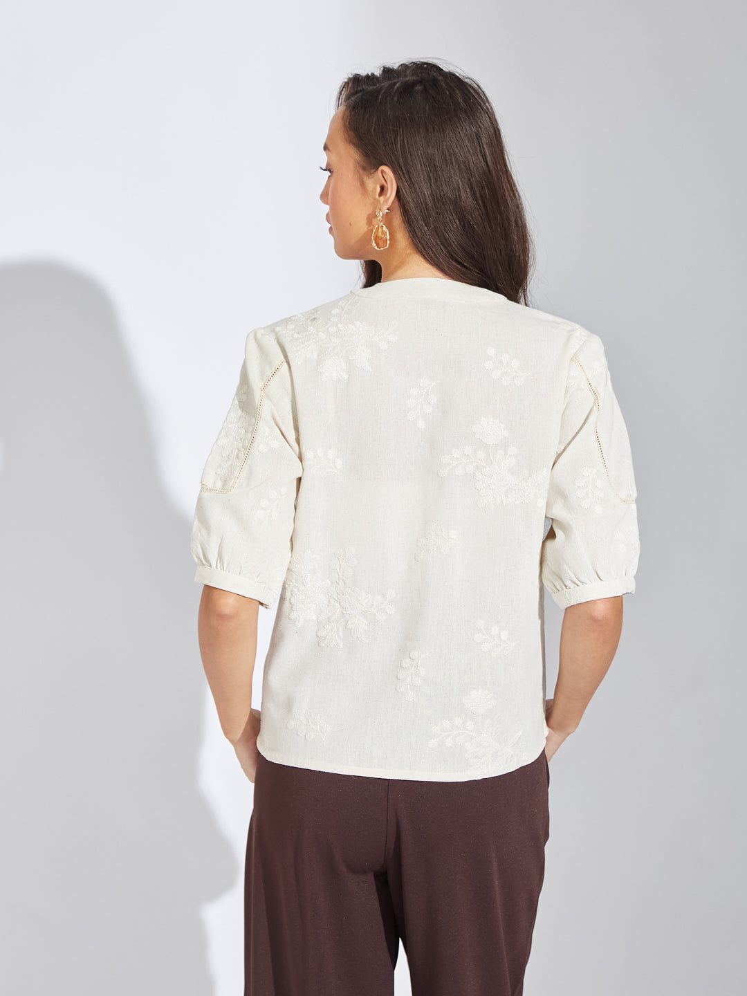 Latin Quarters Women Ivory V-Neck Half Sleeves Embroidery Blouse Top For Casual