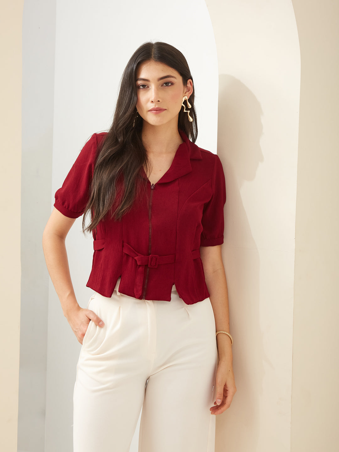 Latin Quarters Women Maroon Solid Half Sleeve Collared Casual Shirt