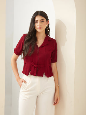 Latin Quarters Women Maroon Solid Half Sleeve Collared Casual Shirt