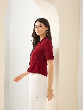 Latin Quarters Women Maroon Solid Half Sleeve Collared Casual Shirt