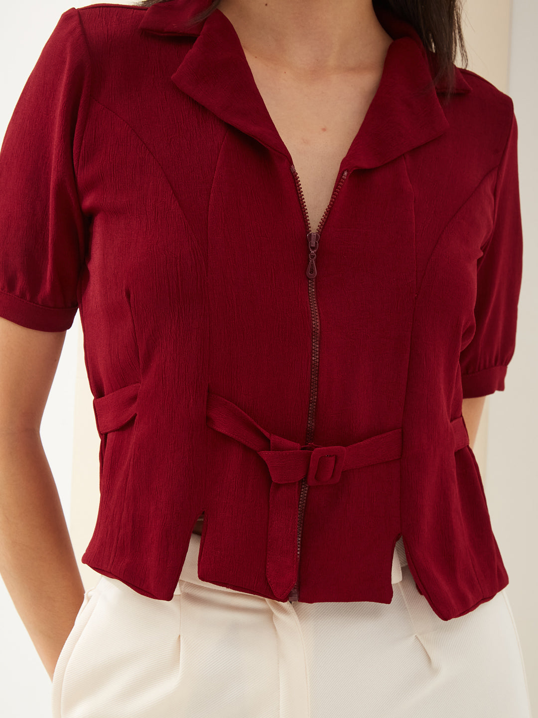 Latin Quarters Women Maroon Solid Half Sleeve Collared Casual Shirt