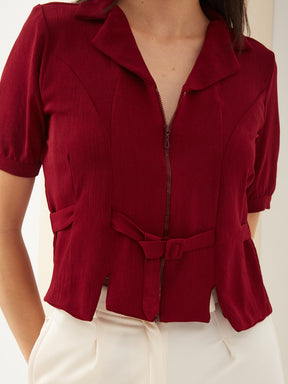 Latin Quarters Women Maroon Solid Half Sleeve Collared Casual Shirt