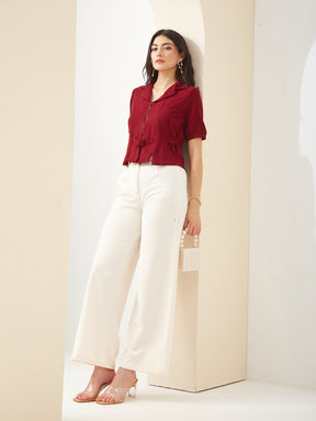 Latin Quarters Women Maroon Solid Half Sleeve Collared Casual Shirt
