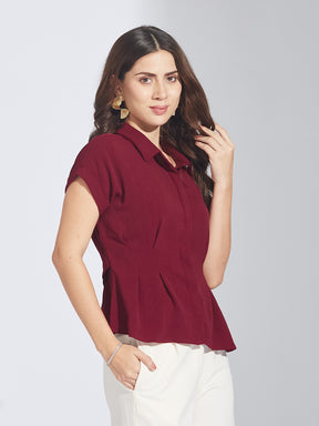 Latin Quarters Women'S Maroon Collar Neck Short Sleeves Solid Casual Shirt