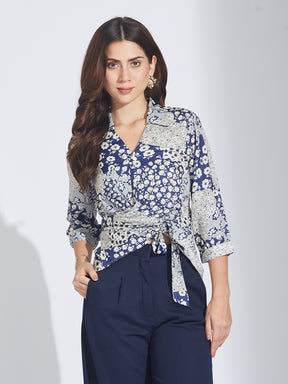 Latin Quarters Women's Blue Floral Print Satin Wrap Shirt with Tie-Up Belt
