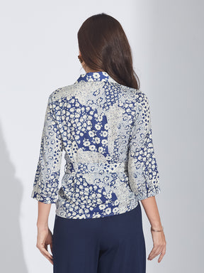Latin Quarters Women's Blue Floral Print Satin Wrap Shirt with Tie-Up Belt