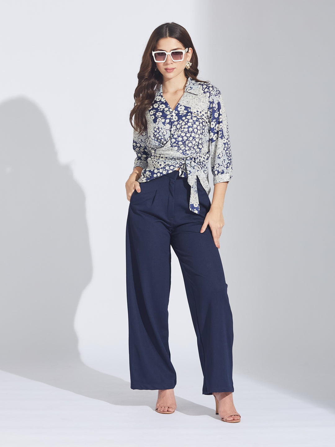 Latin Quarters Women's Blue Floral Print Satin Wrap Shirt with Tie-Up Belt