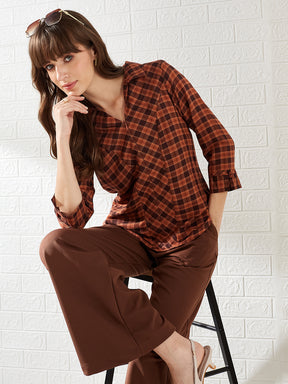 Latin Quarters Women's Brown 3/4Th Sleeves Collared Checked Casual Regular Shirt