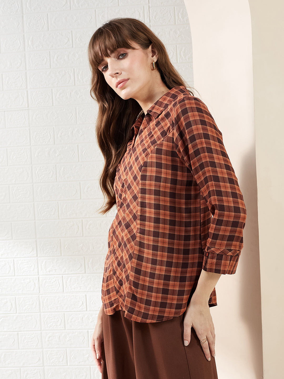 Latin Quarters Women's Brown 3/4Th Sleeves Collared Checked Casual Regular Shirt