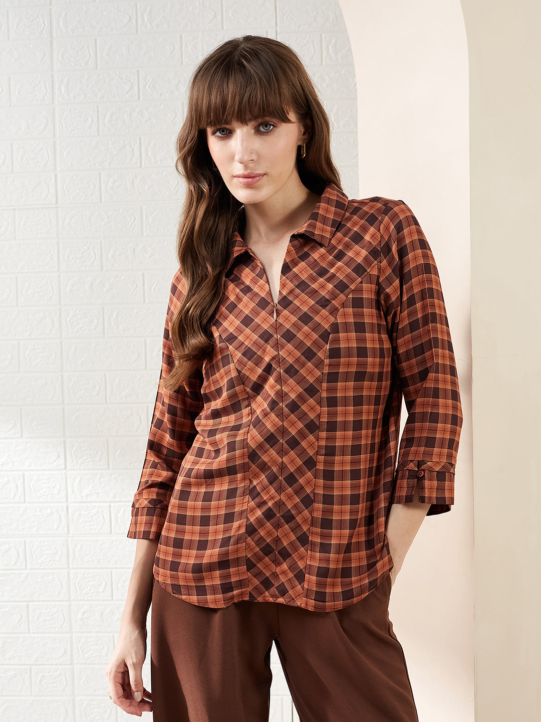 Latin Quarters Women's Brown 3/4Th Sleeves Collared Checked Casual Regular Shirt