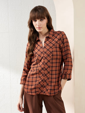 Latin Quarters Women's Brown 3/4Th Sleeves Collared Checked Casual Regular Shirt
