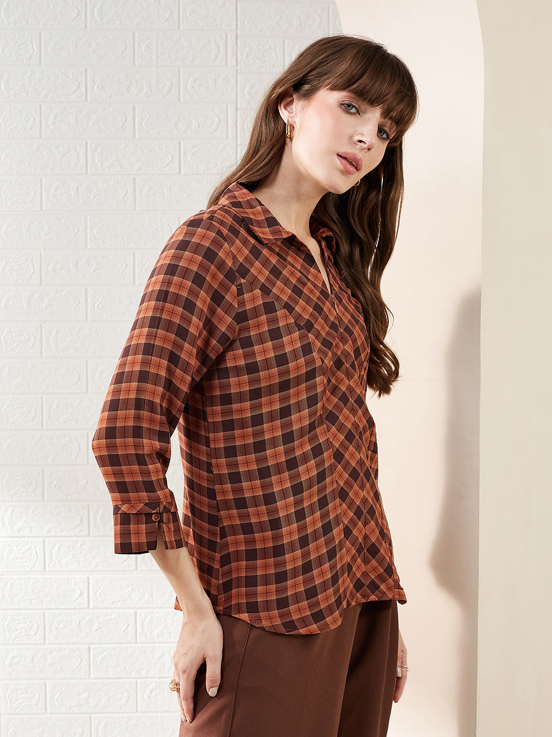 Latin Quarters Women's Brown 3/4Th Sleeves Collared Checked Casual Regular Shirt