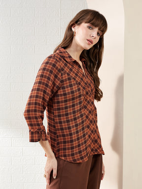 Latin Quarters Women's Brown 3/4Th Sleeves Collared Checked Casual Regular Shirt