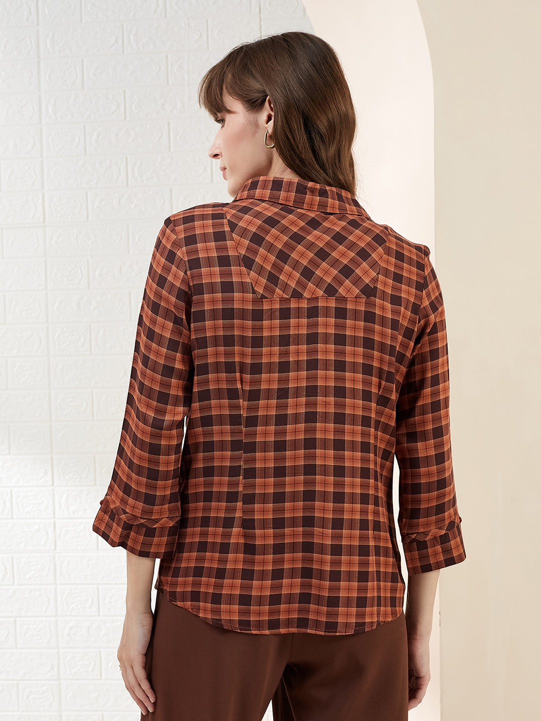 Latin Quarters Women's Brown 3/4Th Sleeves Collared Checked Casual Regular Shirt