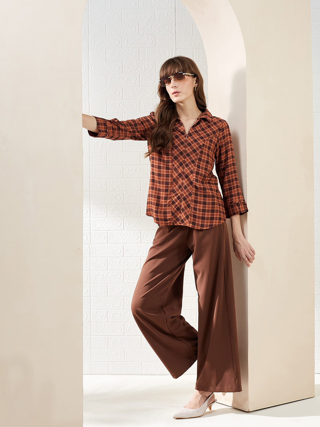 Latin Quarters Women's Brown 3/4Th Sleeves Collared Checked Casual Regular Shirt
