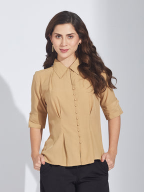 Latin Quarters Women's Beige Half Sleeves Collared Solid Casual Regular Shirt
