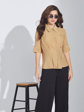 Latin Quarters Women's Beige Collared Shirt